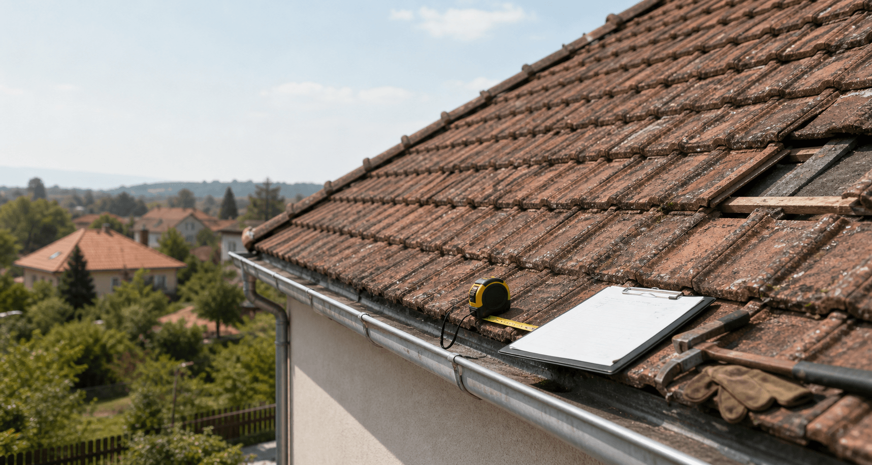 Acoperiș de țiglă inspectat cu ruletă, clipboard și unelte